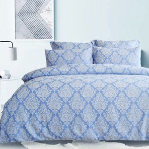 Queen duvet with shams blue jacquard damask